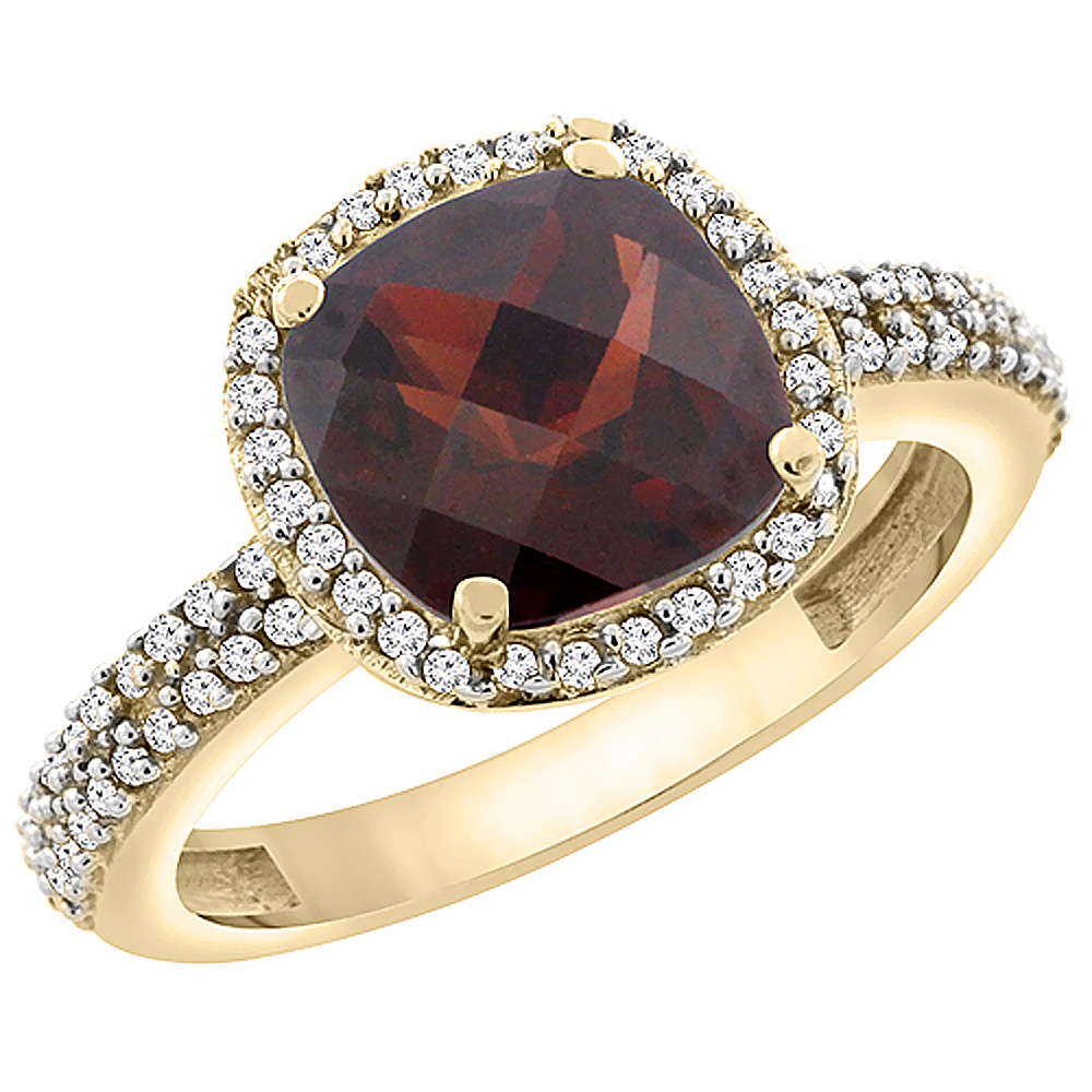 10K Yellow Gold Natural Garnet Cushion 8x8 mm with Diamond Accents, sizes 5 - 10