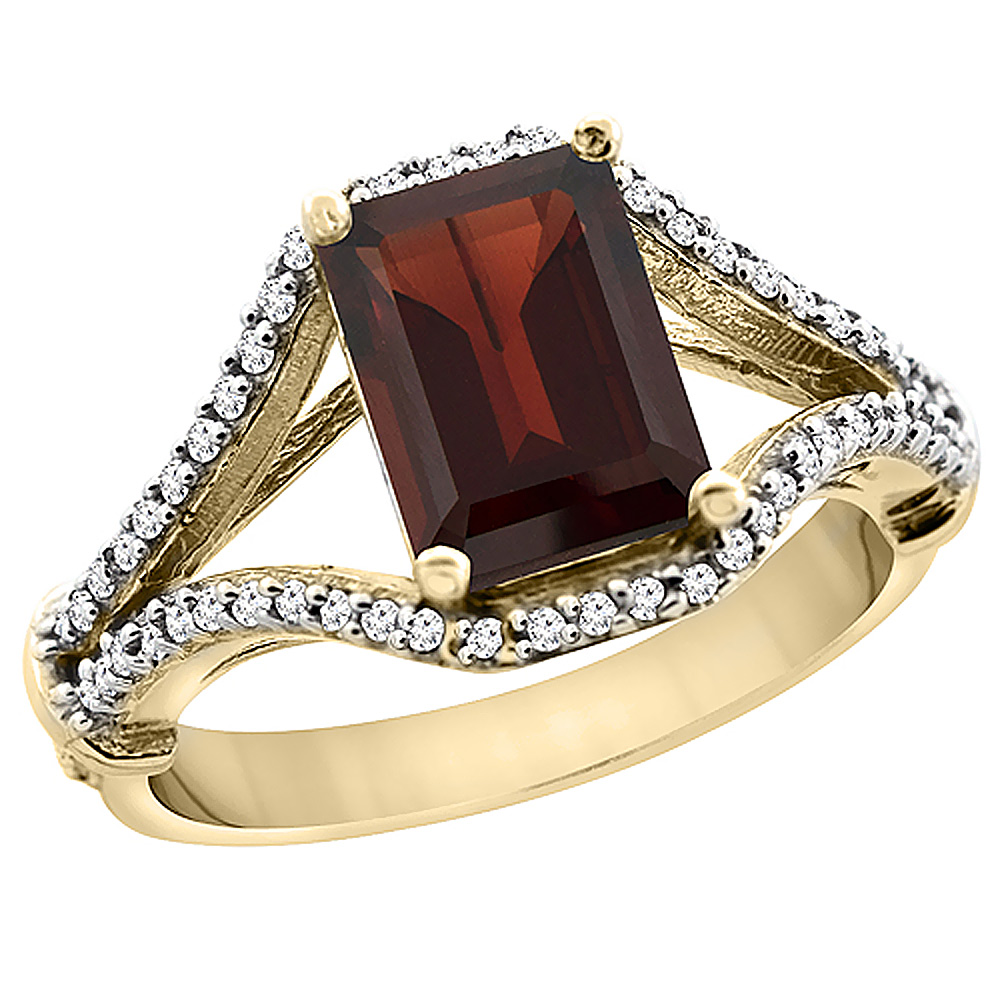 14K Yellow Gold Natural Garnet Ring Octagon 8x6 mm with Diamond Accents, sizes 5 - 10