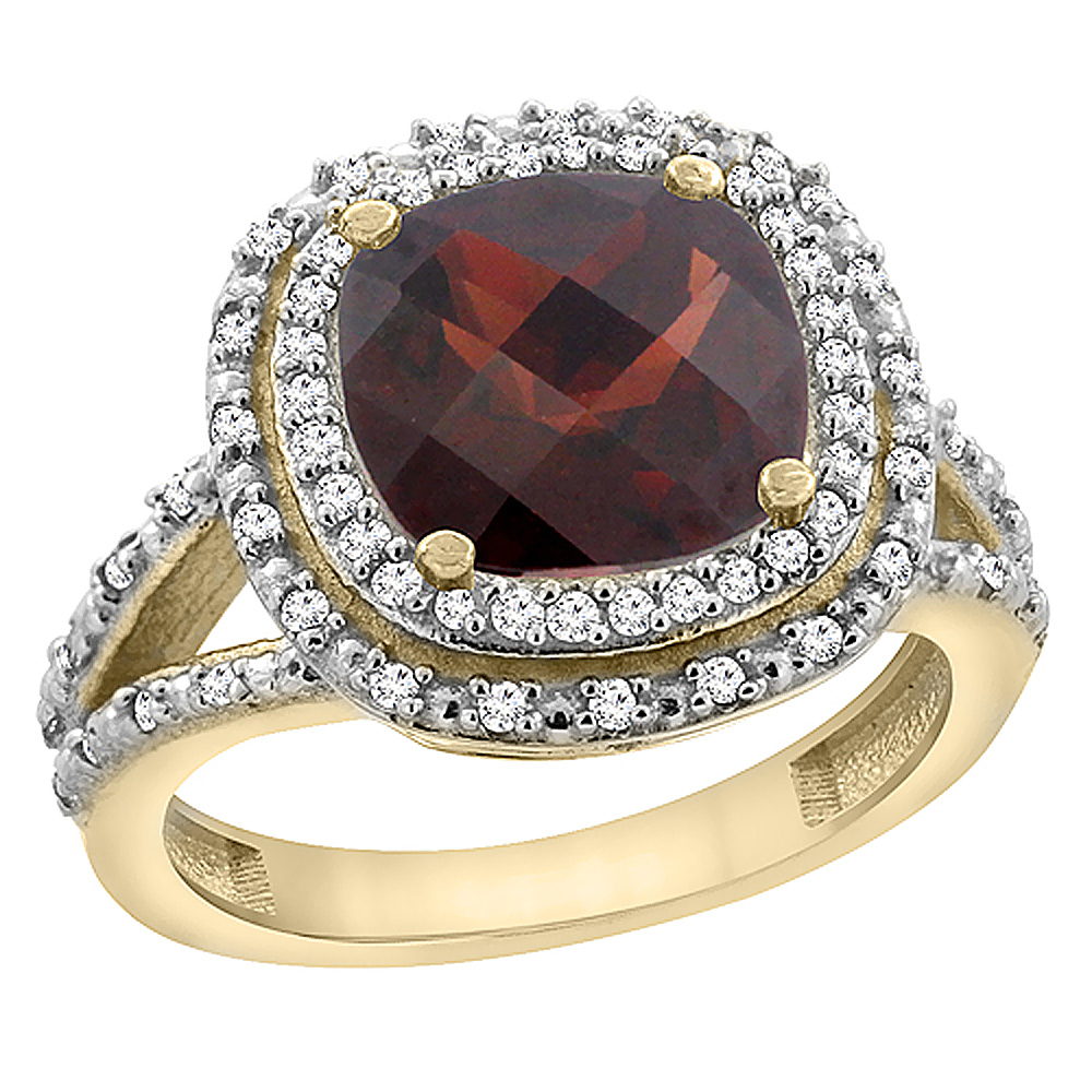 14K Yellow Gold Natural Garnet Ring Cushion 8x8 mm with Diamond Accents, sizes 5 - 10