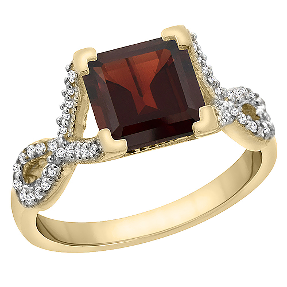 10K Yellow Gold Natural Garnet Ring Square 7x7 mm Diamond Accents, sizes 5 to 10