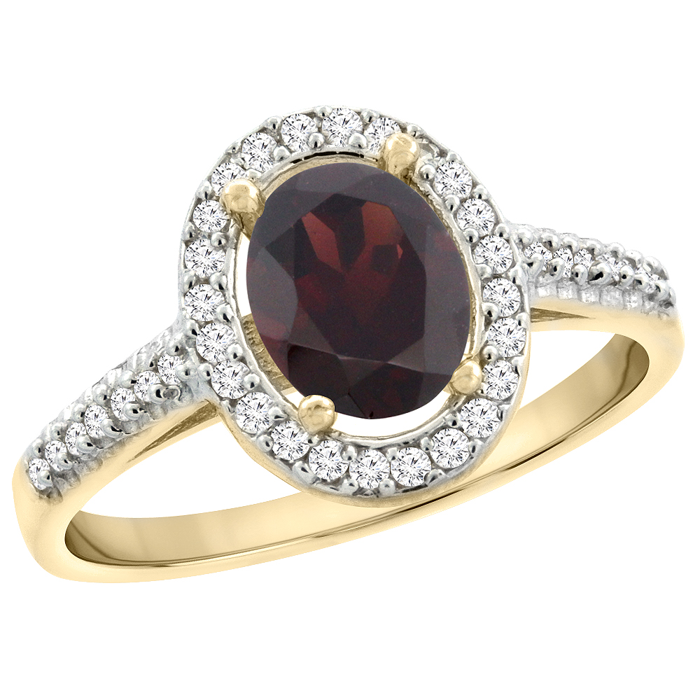 14K Yellow Gold Natural Garnet Engagement Ring Oval 7x5 mm Diamond Halo, sizes 5 - 10