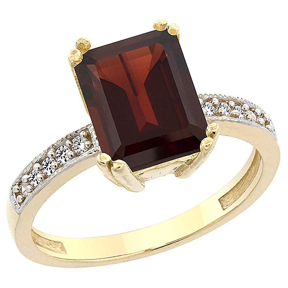 10K Yellow Gold Natural Garnet Ring Octagon 10x8mm Diamond Accent, sizes 5 to 10