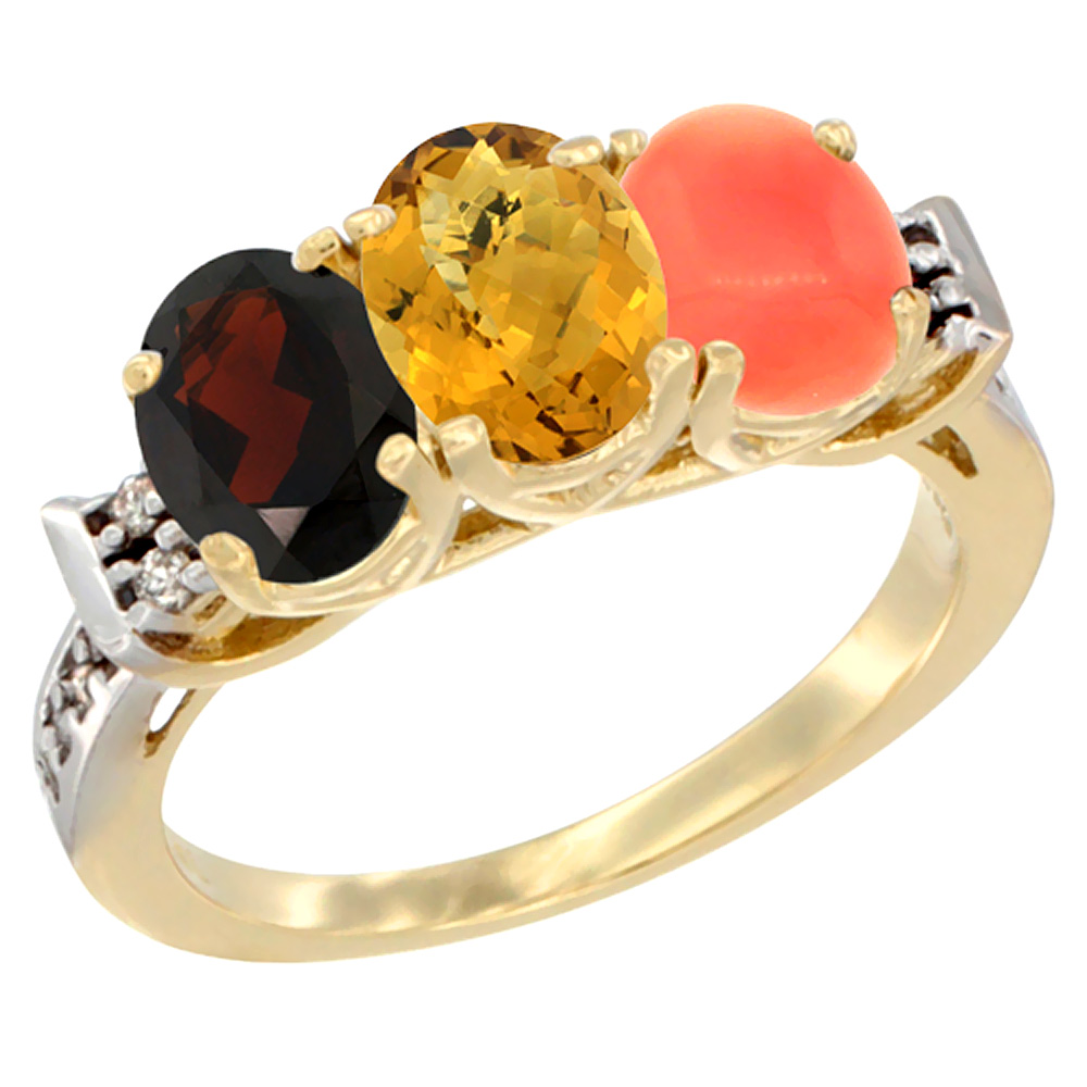 14K Yellow Gold Natural Garnet, Whisky Quartz &amp; Coral Ring 3-Stone 7x5 mm Oval Diamond Accent, sizes 5 - 10