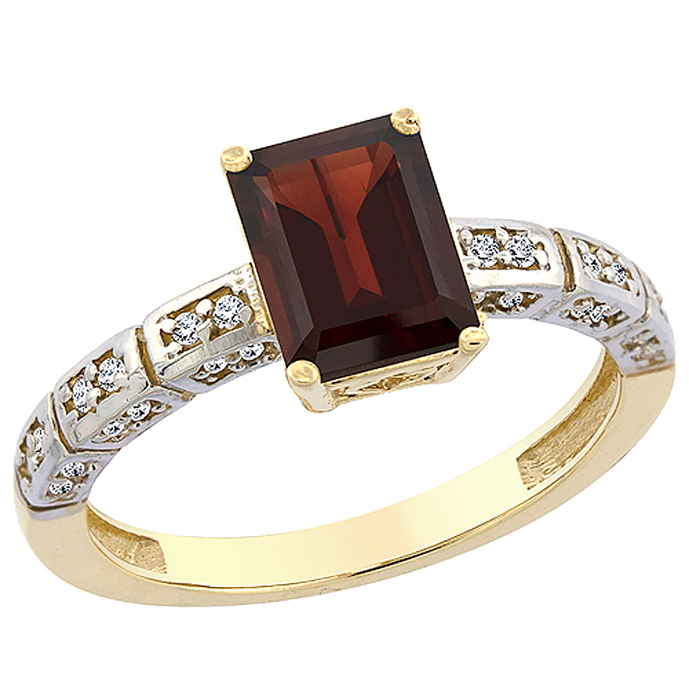 10K Yellow Gold Natural Garnet Octagon 8x6 mm with Diamond Accents, sizes 5 - 10