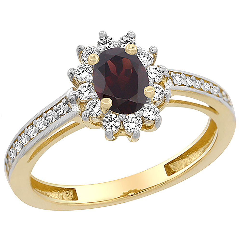 10K Yellow Gold Natural Garnet Flower Halo Ring Oval 6x4 mm Diamond Accents, sizes 5 - 10