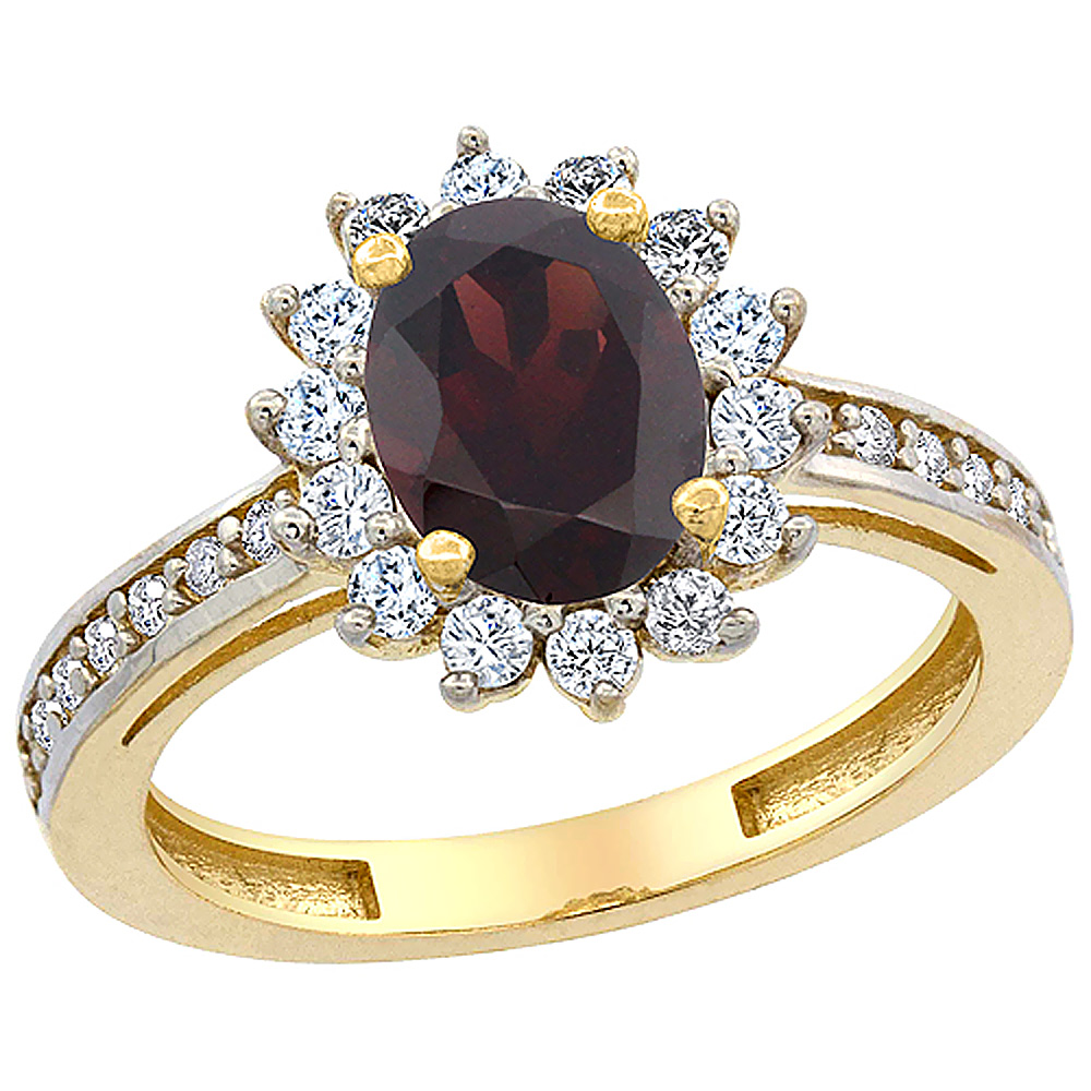 14K Yellow Gold Natural Garnet Floral Halo Ring Oval 8x6mm Diamond Accents, sizes 5 - 10