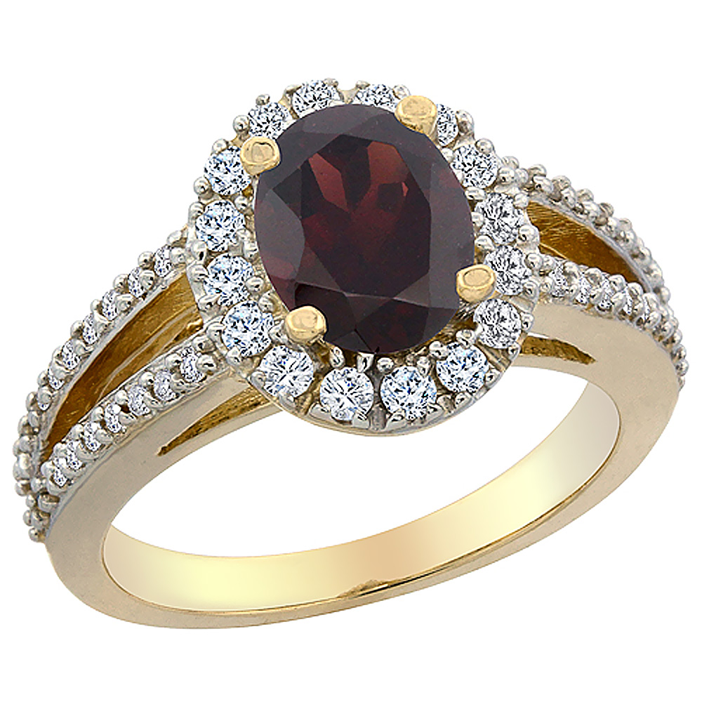 14K Yellow Gold Natural Garnet Halo Ring Oval 8x6 mm with Diamond Accents, sizes 5 - 10