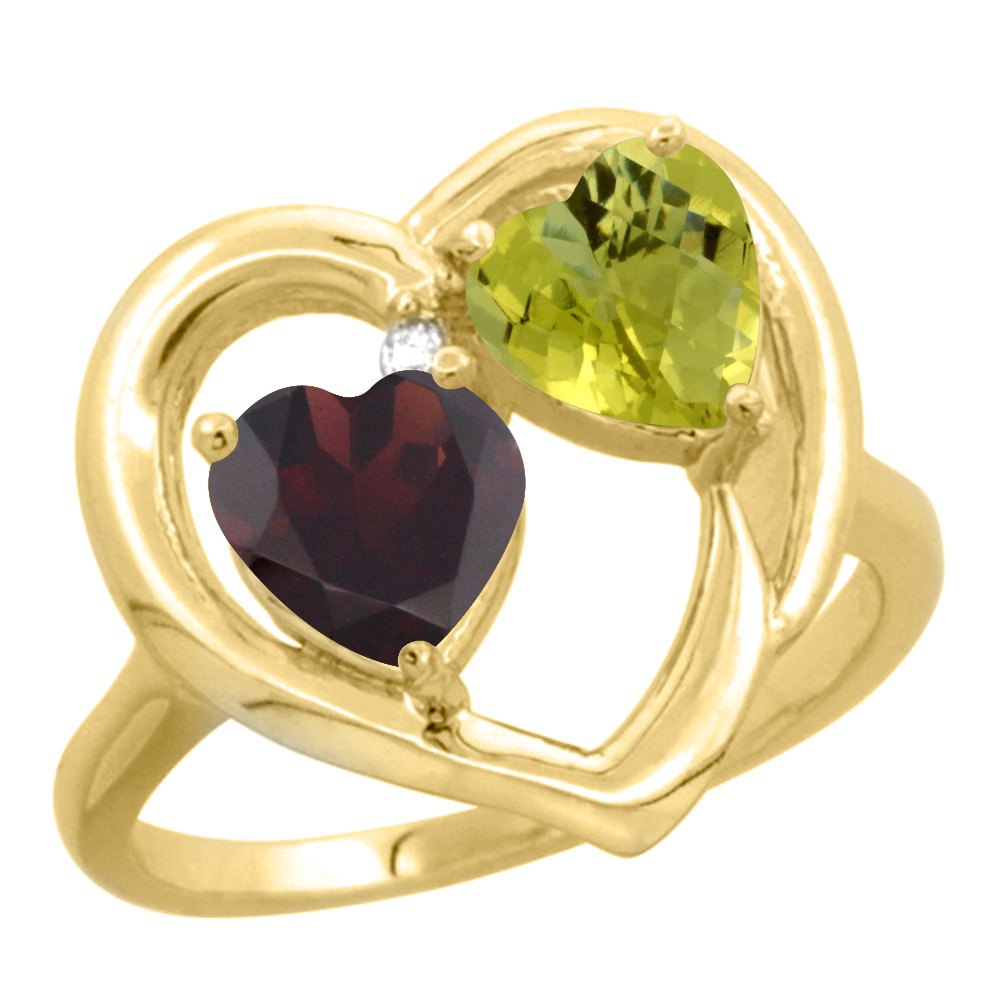 10K Yellow Gold Diamond Two-stone Heart Ring 6mm Natural Garnet &amp; Lemon Quartz, sizes 5-10