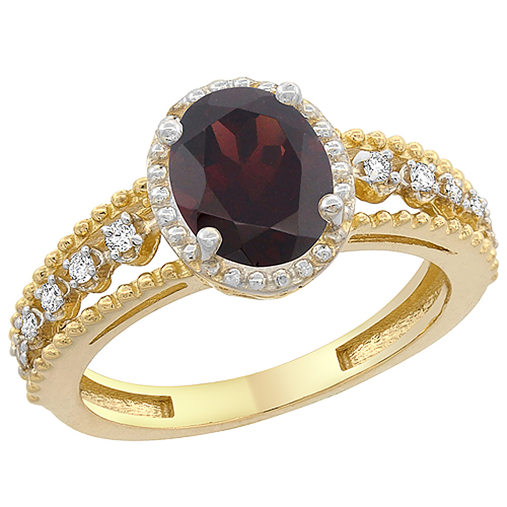 10K Yellow Gold Natural Garnet Ring Oval 9x7 mm Floating Diamond Accents, sizes 5 - 10