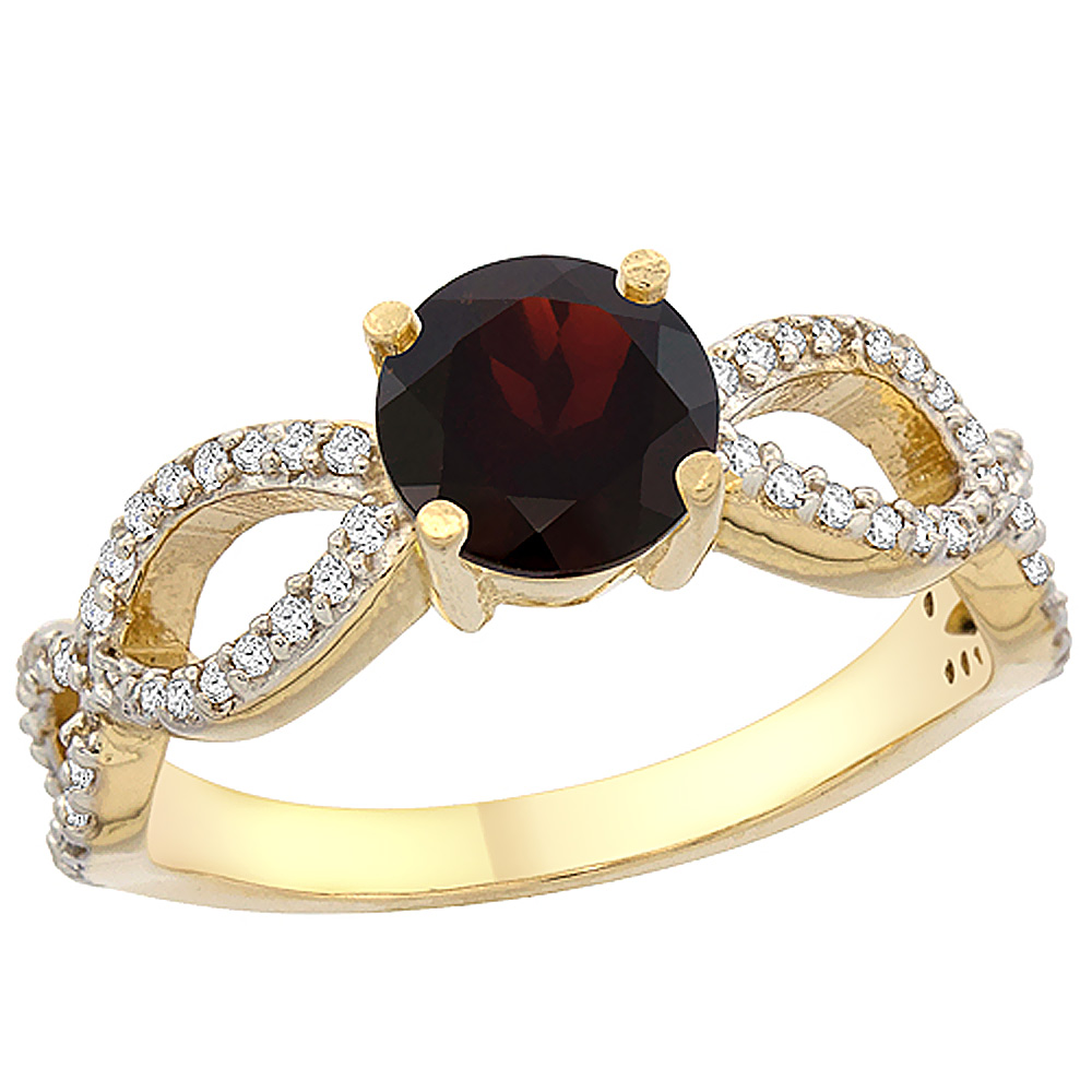 10K Yellow Gold Natural Garnet Ring Round 6mm Infinity Diamond Accents, sizes 5 - 10