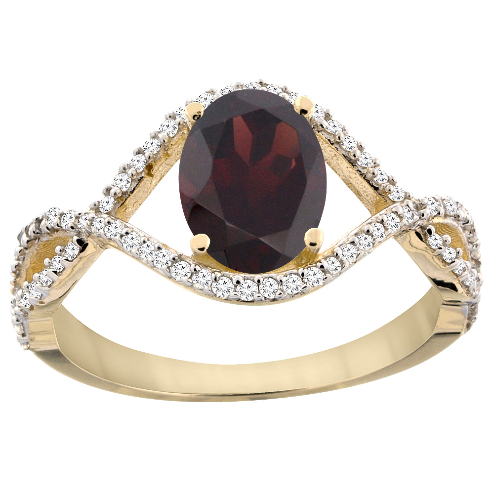 14K Yellow Gold Natural Garnet Ring Oval 8x6 mm Infinity Diamond Accents, sizes 5 - 10