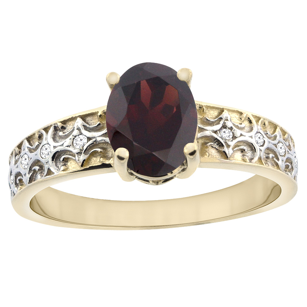 14K Yellow Gold Natural Garnet Ring Oval 8x6 mm Diamond Accents, sizes 5 - 10