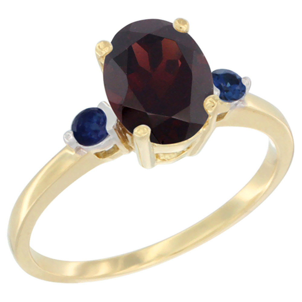 14K Yellow Gold Natural Garnet Ring Oval 9x7 mm Blue Sapphire Accent, sizes 5 to 10