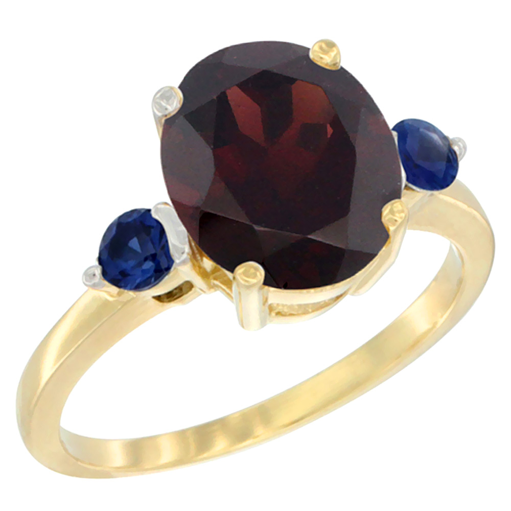 10K Yellow Gold 10x8mm Oval Natural Garnet Ring for Women Blue Sapphire Side-stones sizes 5 - 10
