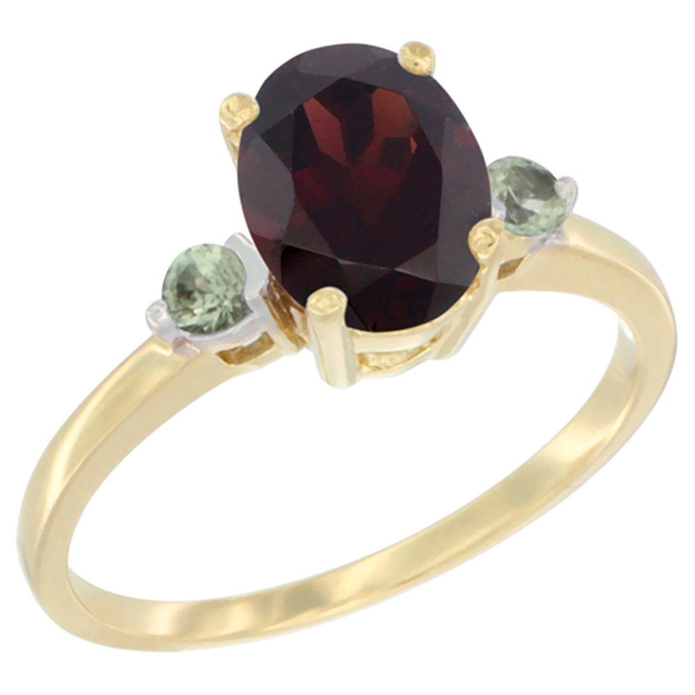 10K Yellow Gold Natural Garnet Ring Oval 9x7 mm Green Sapphire Accent, sizes 5 to 10