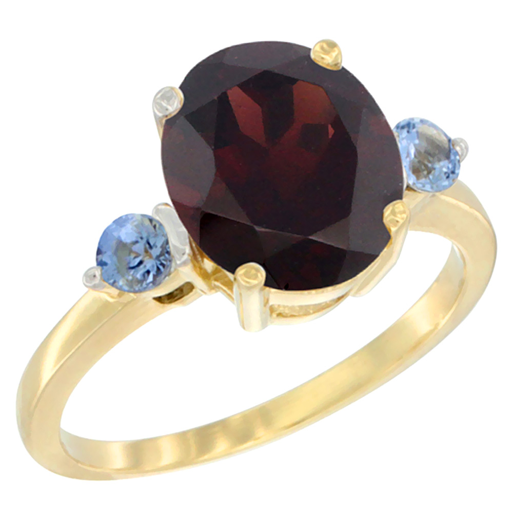 10K Yellow Gold 10x8mm Oval Natural Garnet Ring for Women Light Blue Sapphire Side-stones sizes 5 - 10