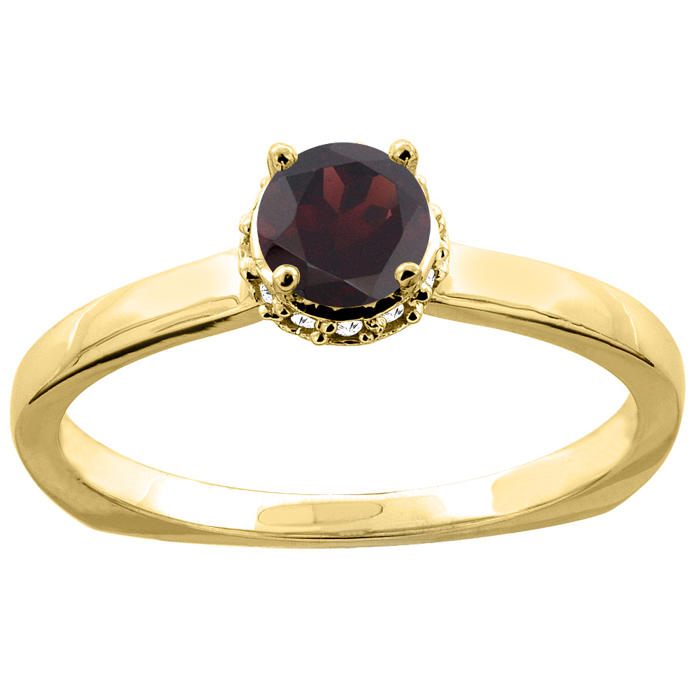 10K Yellow Gold Natural Garnet Solitaire Engagement Ring Round 4mm Diamond Accents, size 9