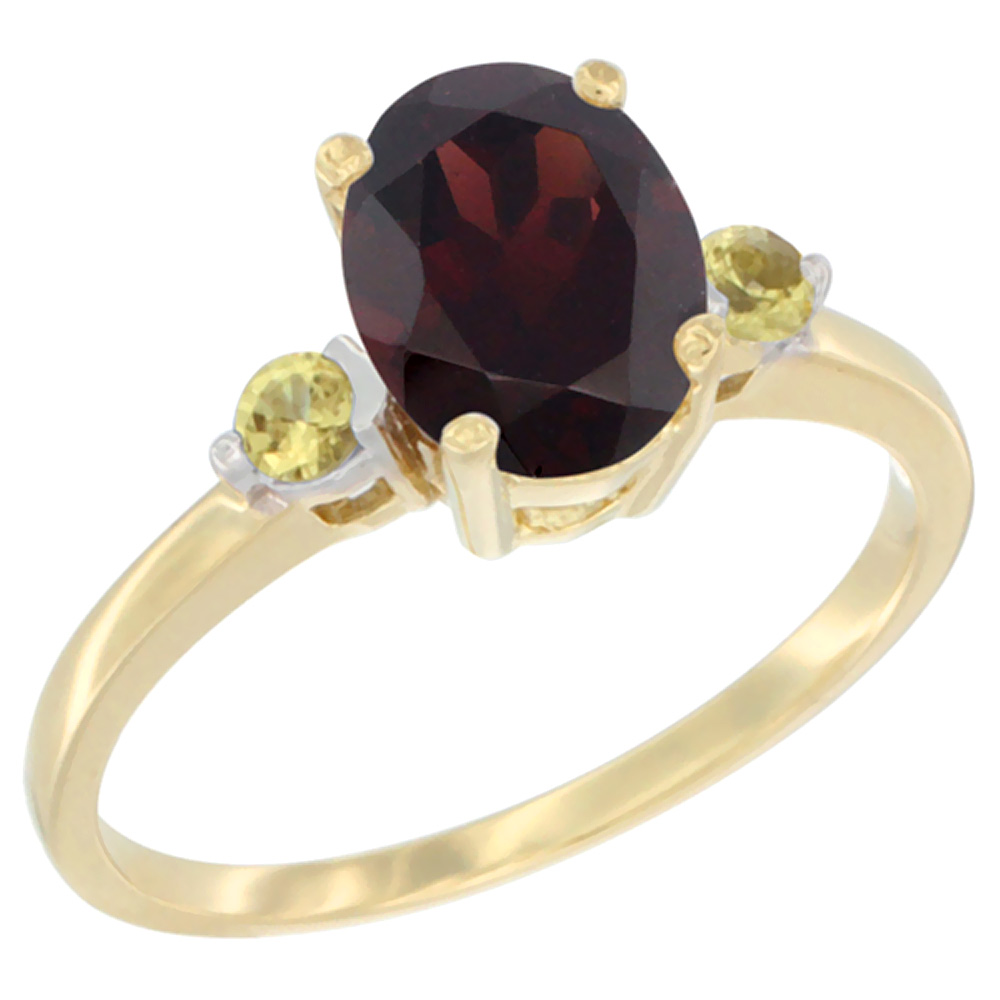 14K Yellow Gold Natural Garnet Ring Oval 9x7 mm Yellow Sapphire Accent, sizes 5 to 10