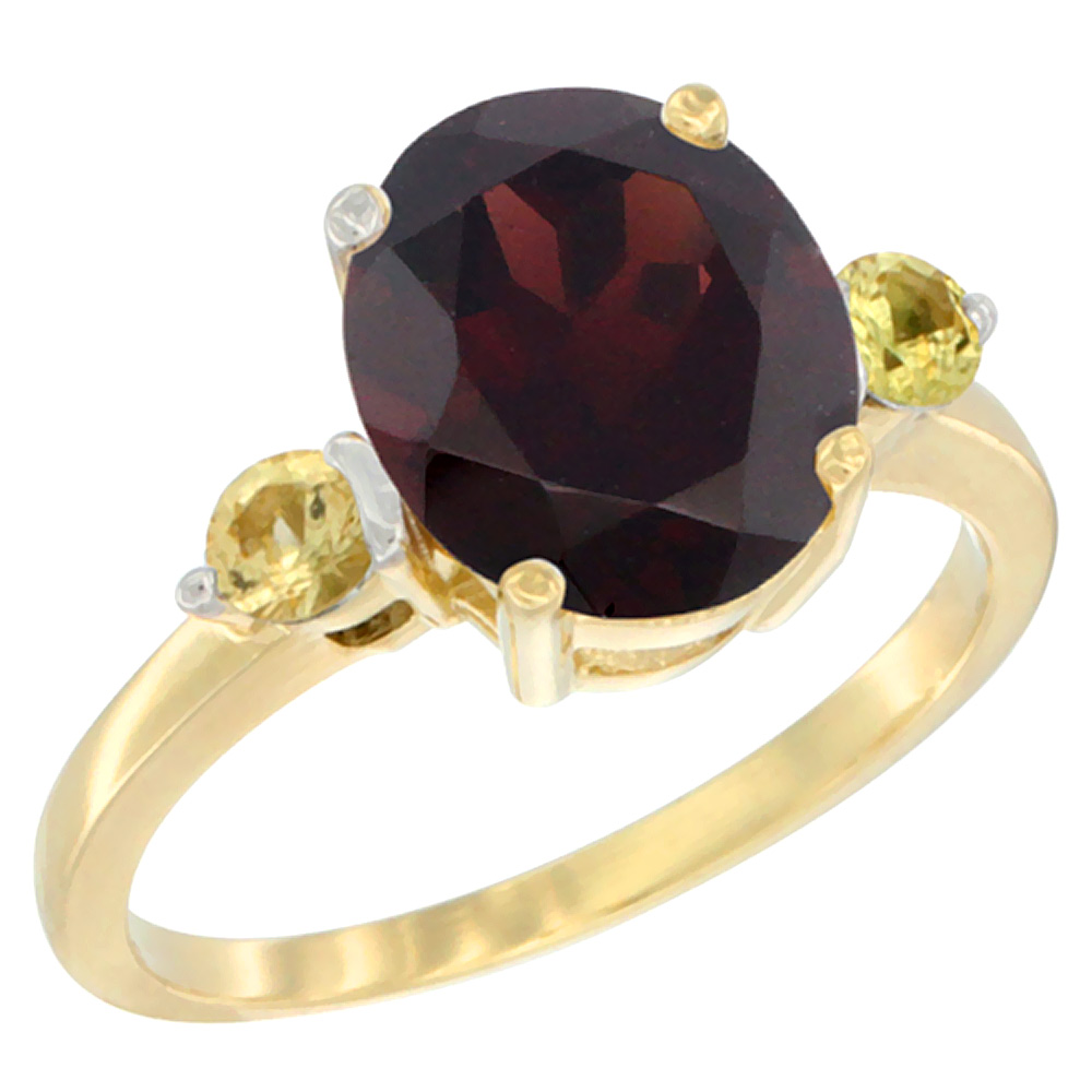 10K Yellow Gold 10x8mm Oval Natural Garnet Ring for Women Yellow Sapphire Side-stones sizes 5 - 10
