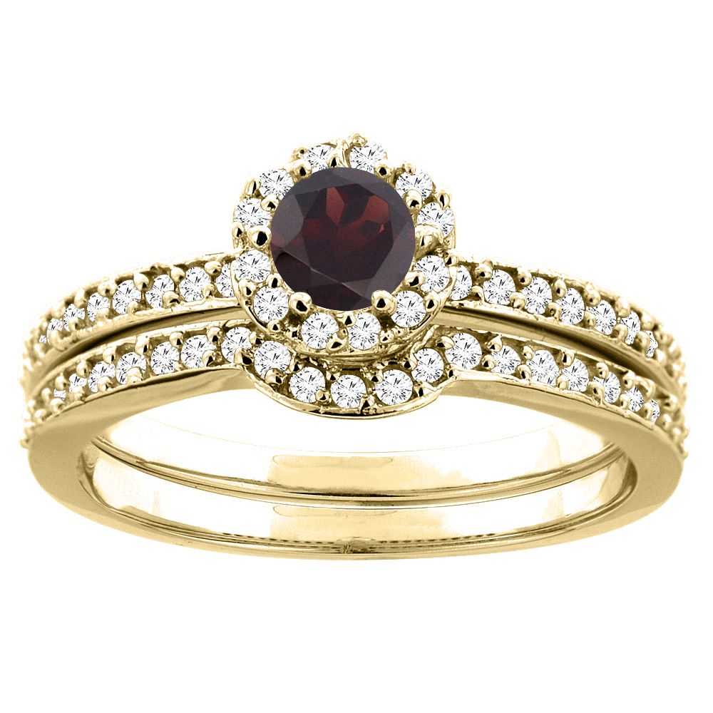 10K Yellow Gold Natural Garnet 2-pc Bridal Ring Set Diamond Accent Round 4mm, sizes 5 - 10