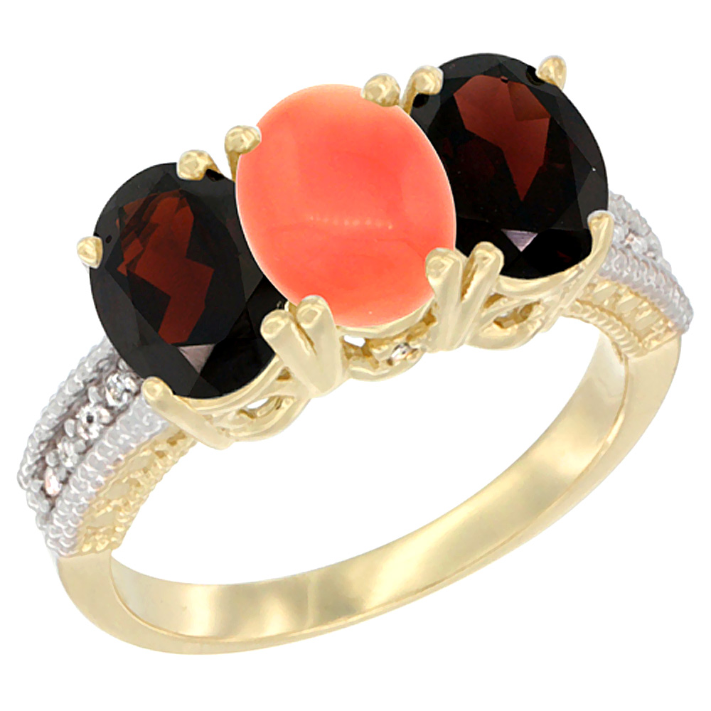 14K Yellow Gold Natural Coral & Garnet Sides Ring 3-Stone 7x5 mm Oval Diamond Accent, sizes 5 - 10