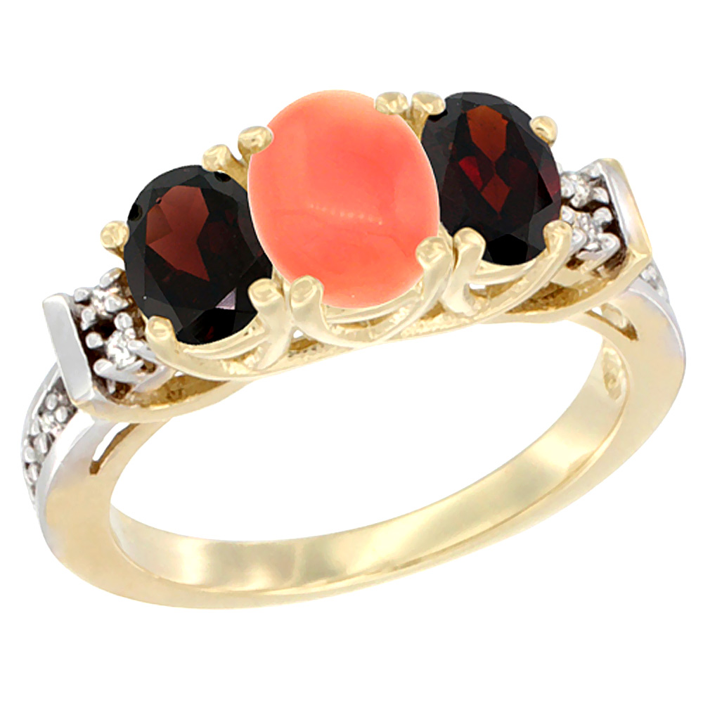 10K Yellow Gold Natural Coral &amp; Garnet Ring 3-Stone Oval Diamond Accent