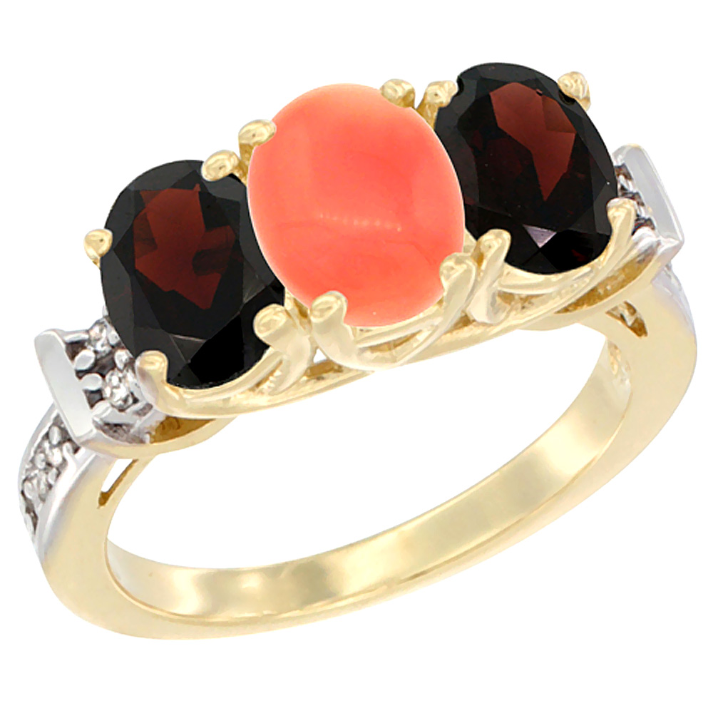 10K Yellow Gold Natural Coral & Garnet Sides Ring 3-Stone Oval Diamond Accent, sizes 5 - 10