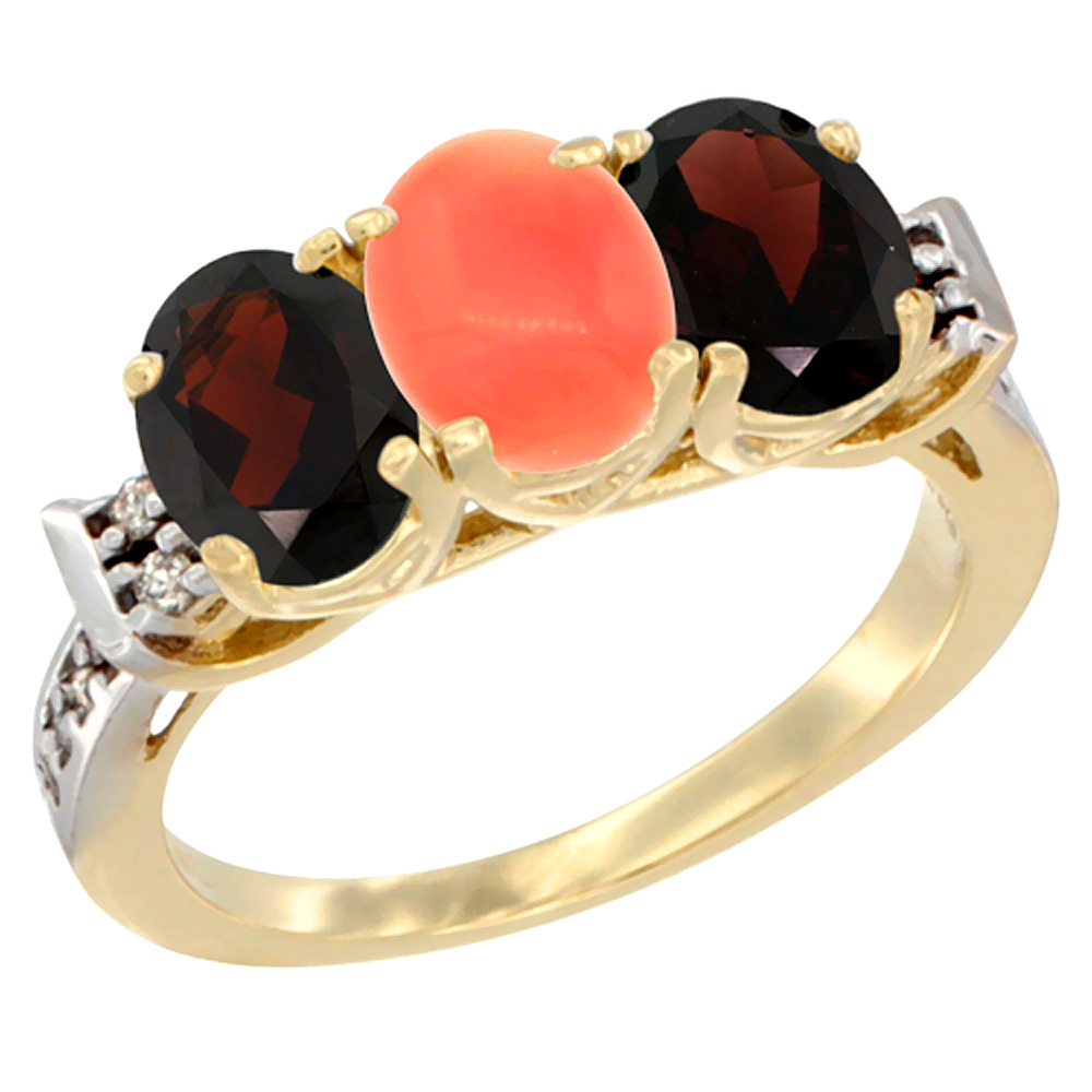10K Yellow Gold Natural Coral & Garnet Sides Ring 3-Stone Oval 7x5 mm Diamond Accent, sizes 5 - 10
