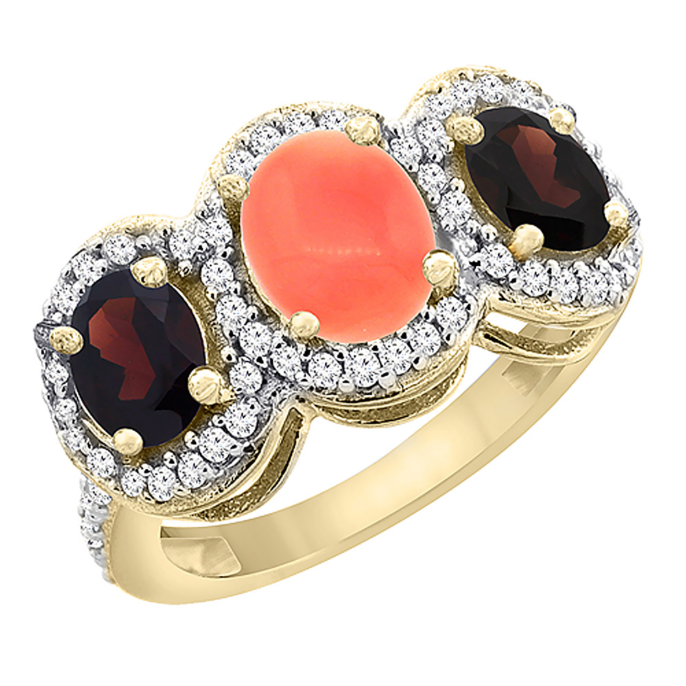 10K Yellow Gold Natural Coral &amp; Garnet 3-Stone Ring Oval Diamond Accent, sizes 5 - 10