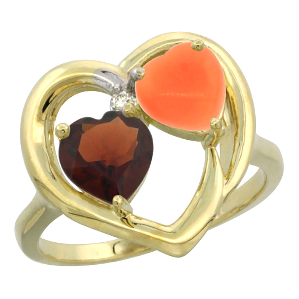 14K Yellow Gold Diamond Two-stone Heart Ring 6mm Natural Garnet &amp; Coral, sizes 5-10
