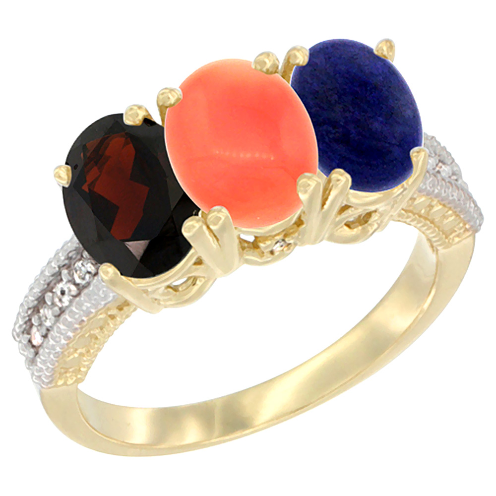 14K Yellow Gold Natural Garnet, Coral & Lapis Ring 3-Stone 7x5 mm Oval Diamond Accent, sizes 5 - 10