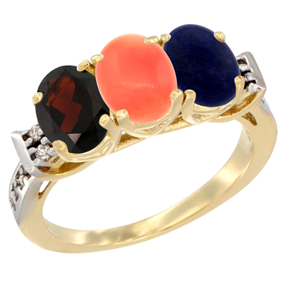 10K Yellow Gold Natural Garnet, Coral & Lapis Ring 3-Stone Oval 7x5 mm Diamond Accent, sizes 5 - 10