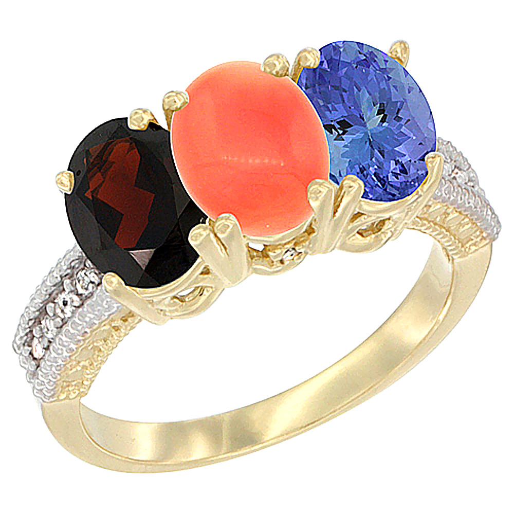 14K Yellow Gold Natural Garnet, Coral & Tanzanite Ring 3-Stone 7x5 mm Oval Diamond Accent, sizes 5 - 10