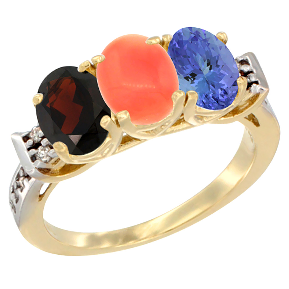 14K Yellow Gold Natural Garnet, Coral & Tanzanite Ring 3-Stone 7x5 mm Oval Diamond Accent, sizes 5 - 10