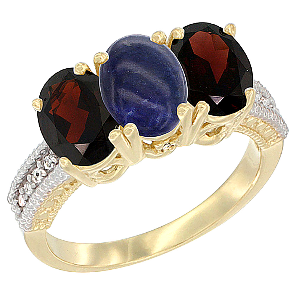 14K Yellow Gold Natural Lapis & Garnet Sides Ring 3-Stone 7x5 mm Oval Diamond Accent, sizes 5 - 10