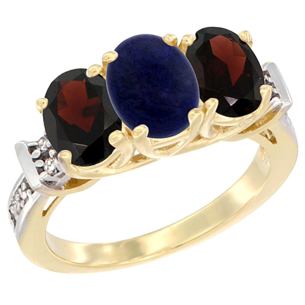 14K Yellow Gold Natural Lapis & Garnet Sides Ring 3-Stone Oval Diamond Accent, sizes 5 - 10