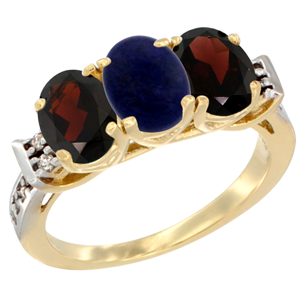 14K Yellow Gold Natural Lapis &amp; Garnet Sides Ring 3-Stone 7x5 mm Oval Diamond Accent, sizes 5 - 10