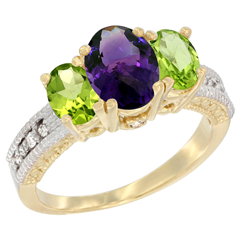 14K Yellow Gold Diamond Natural Amethyst Ring Oval 3-stone with Peridot, sizes 5 - 10