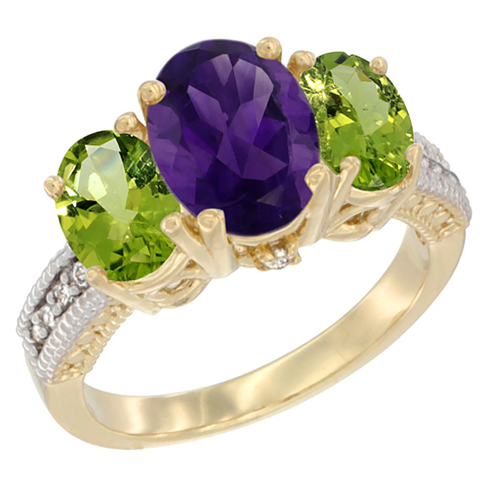 10K Yellow Gold Diamond Natural Amethyst Ring 3-Stone Oval 8x6mm with Peridot, sizes5-10