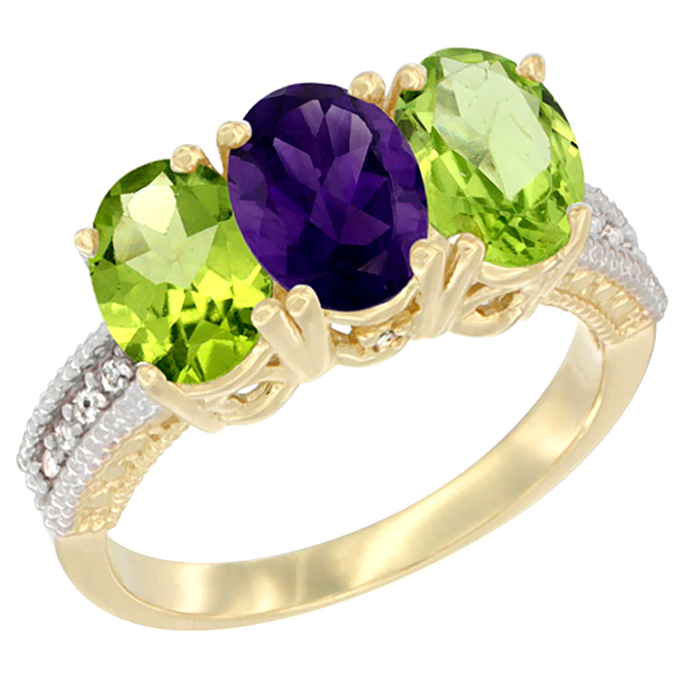 14K Yellow Gold Natural Amethyst & Peridot Sides Ring 3-Stone 7x5 mm Oval Diamond Accent, sizes 5 - 10