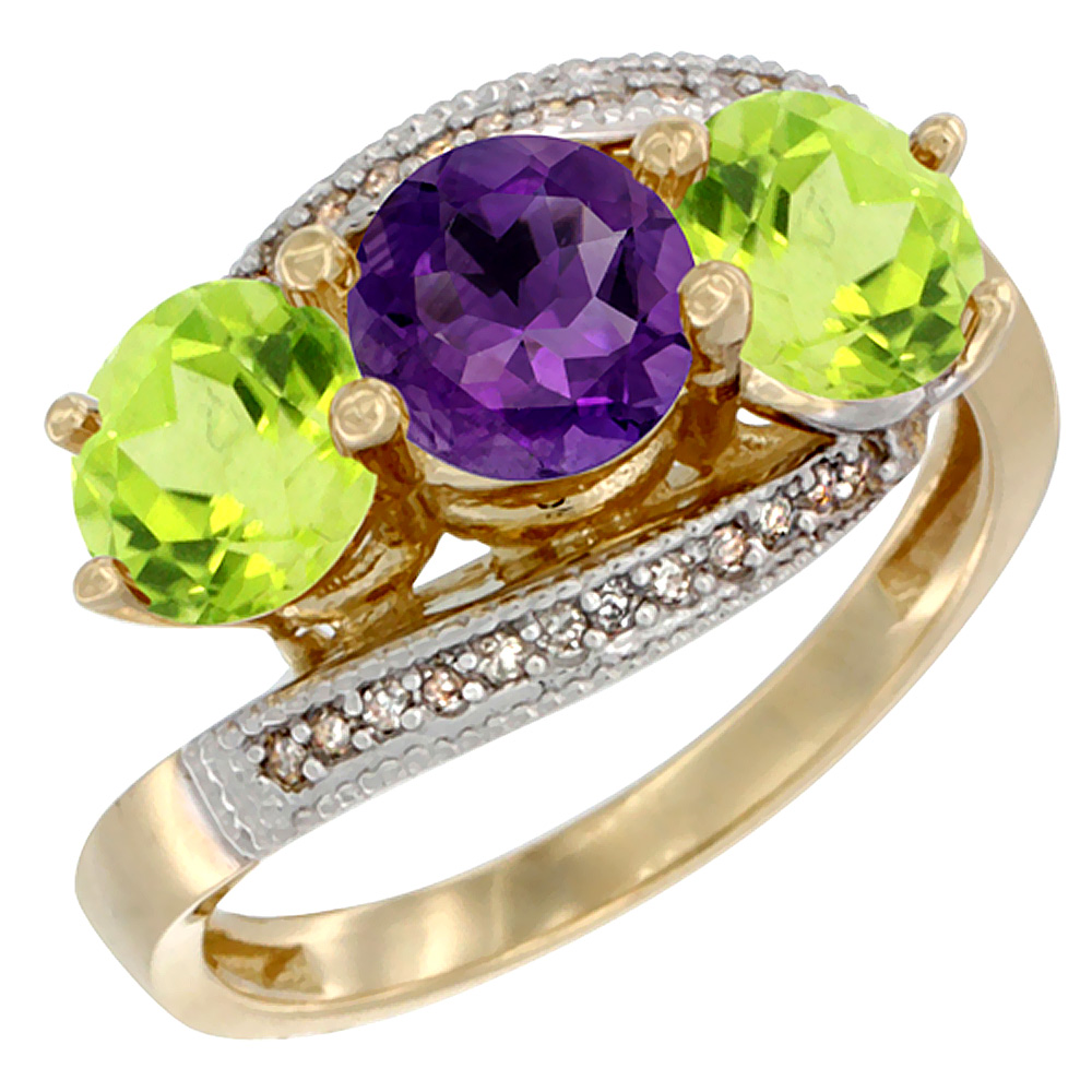 14K Yellow Gold Natural Amethyst &amp; Peridot Sides 3 stone Ring Round 6mm Diamond Accent, sizes 5 - 10