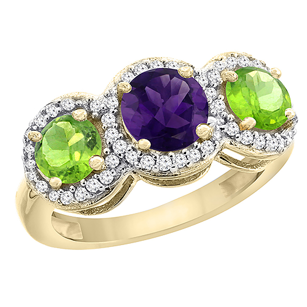 14K Yellow Gold Natural Amethyst &amp; Peridot Sides Round 3-stone Ring Diamond Accents, sizes 5 - 10