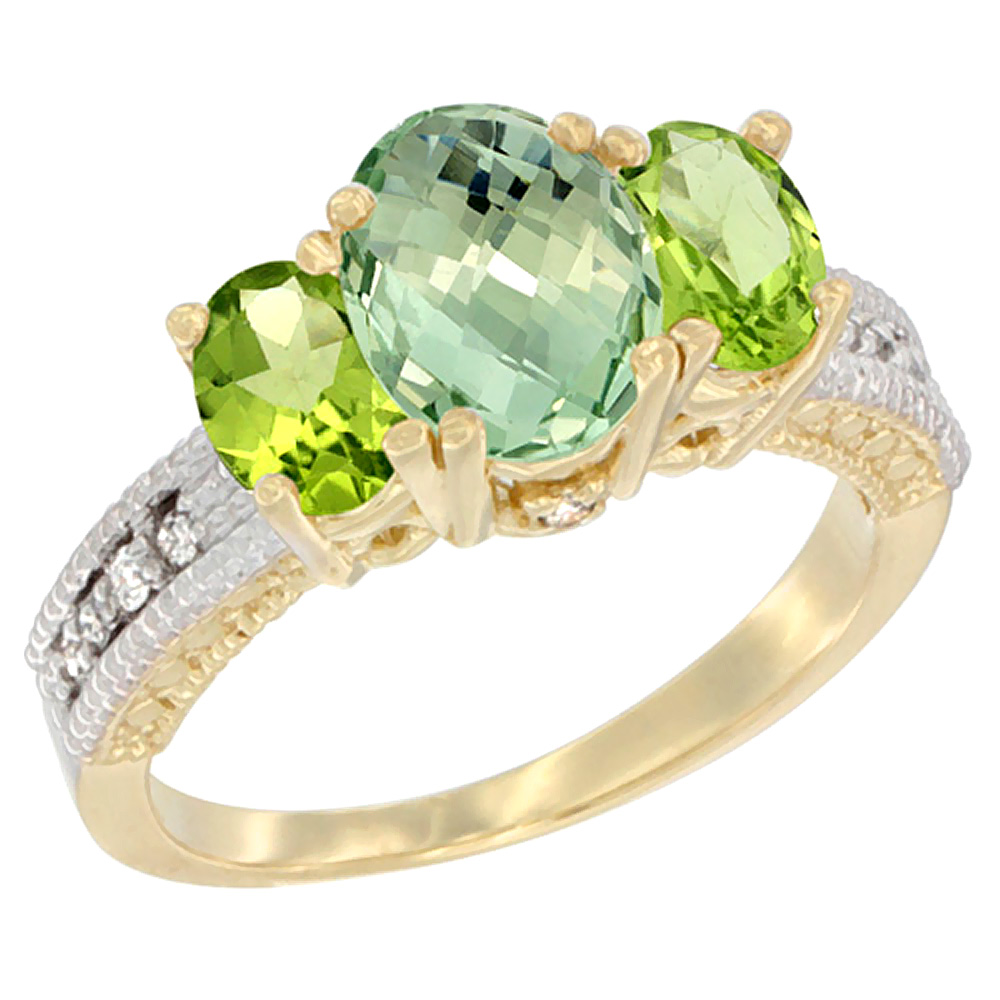 10K Yellow Gold Diamond Natural Green Amethyst Ring Oval 3-stone with Peridot, sizes 5 - 10