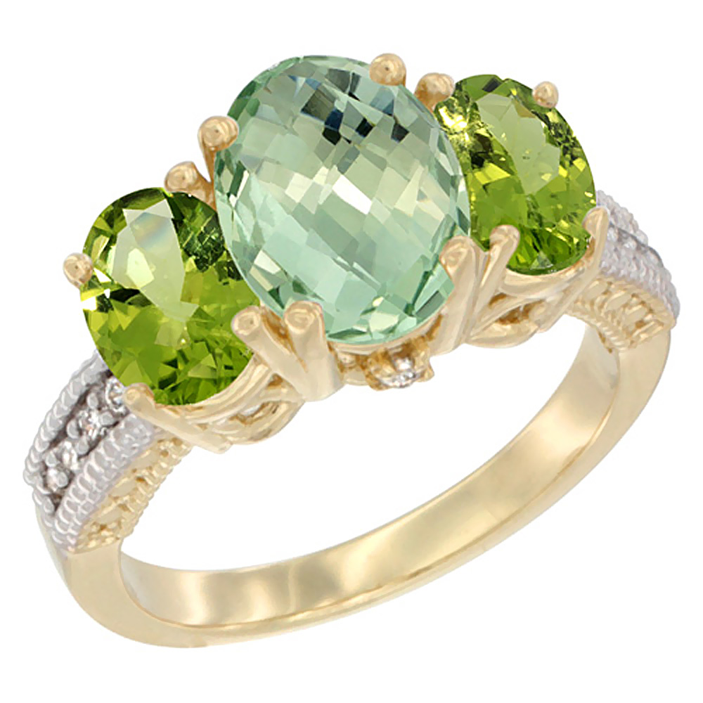 10K Yellow Gold Diamond Natural Green Amethyst Ring 3-Stone Oval 8x6mm with Peridot, sizes5-10
