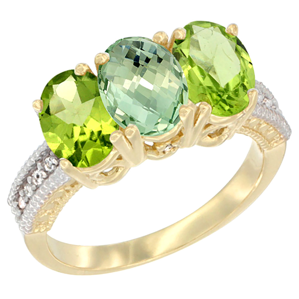 14K Yellow Gold Natural Green Amethyst & Peridot Sides Ring 3-Stone 7x5 mm Oval Diamond Accent, sizes 5 - 10