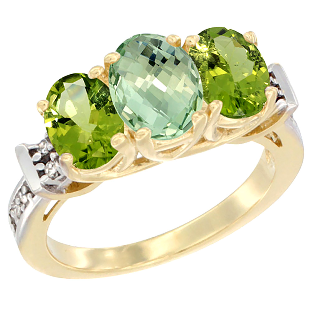 14K Yellow Gold Natural Green Amethyst &amp; Peridot Sides Ring 3-Stone Oval Diamond Accent, sizes 5 - 10