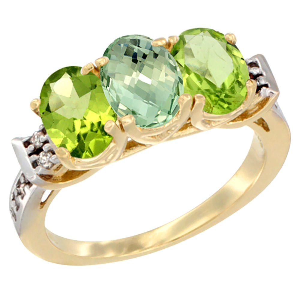 10K Yellow Gold Natural Green Amethyst &amp; Peridot Sides Ring 3-Stone Oval 7x5 mm Diamond Accent, sizes 5 - 10