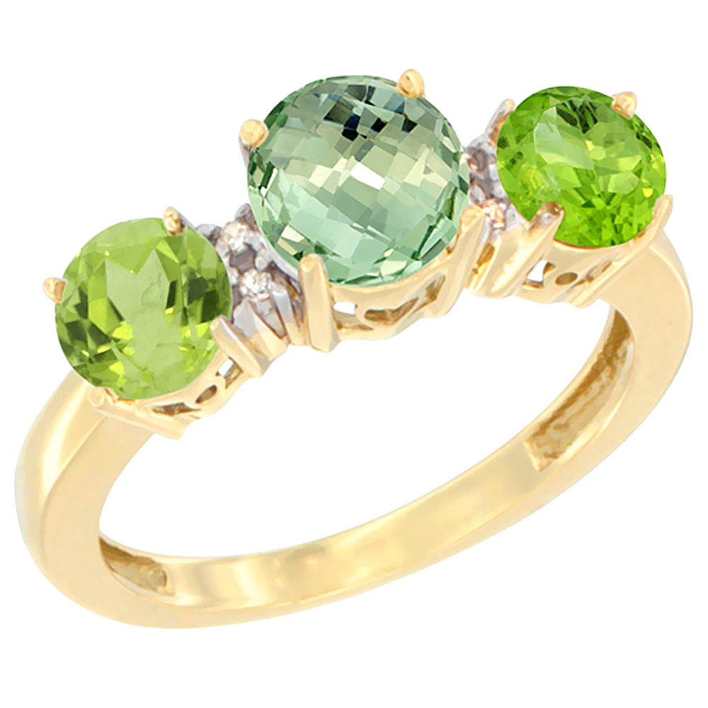 14K Yellow Gold Round 3-Stone Natural Green Amethyst Ring & Peridot Sides Diamond Accent, sizes 5 - 10