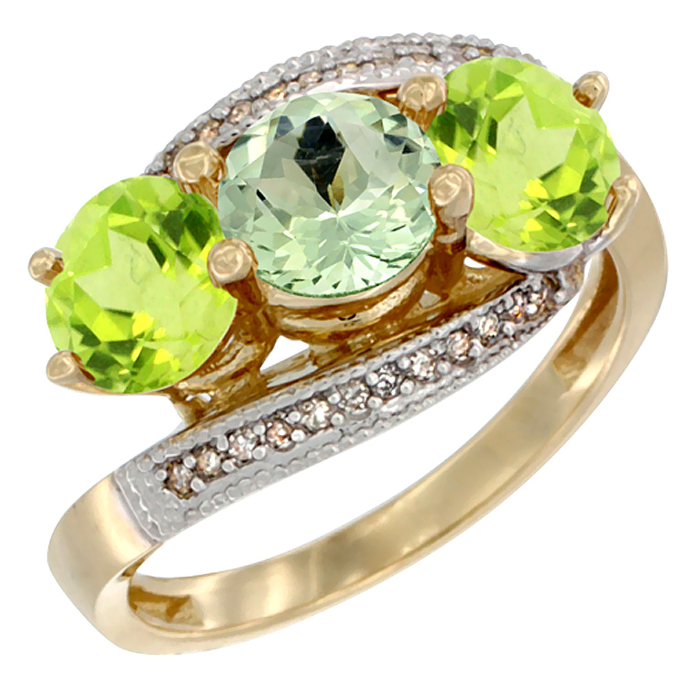 10K Yellow Gold Natural Green Amethyst & Peridot Sides 3 stone Ring Round 6mm Diamond Accent, sizes 5 - 10