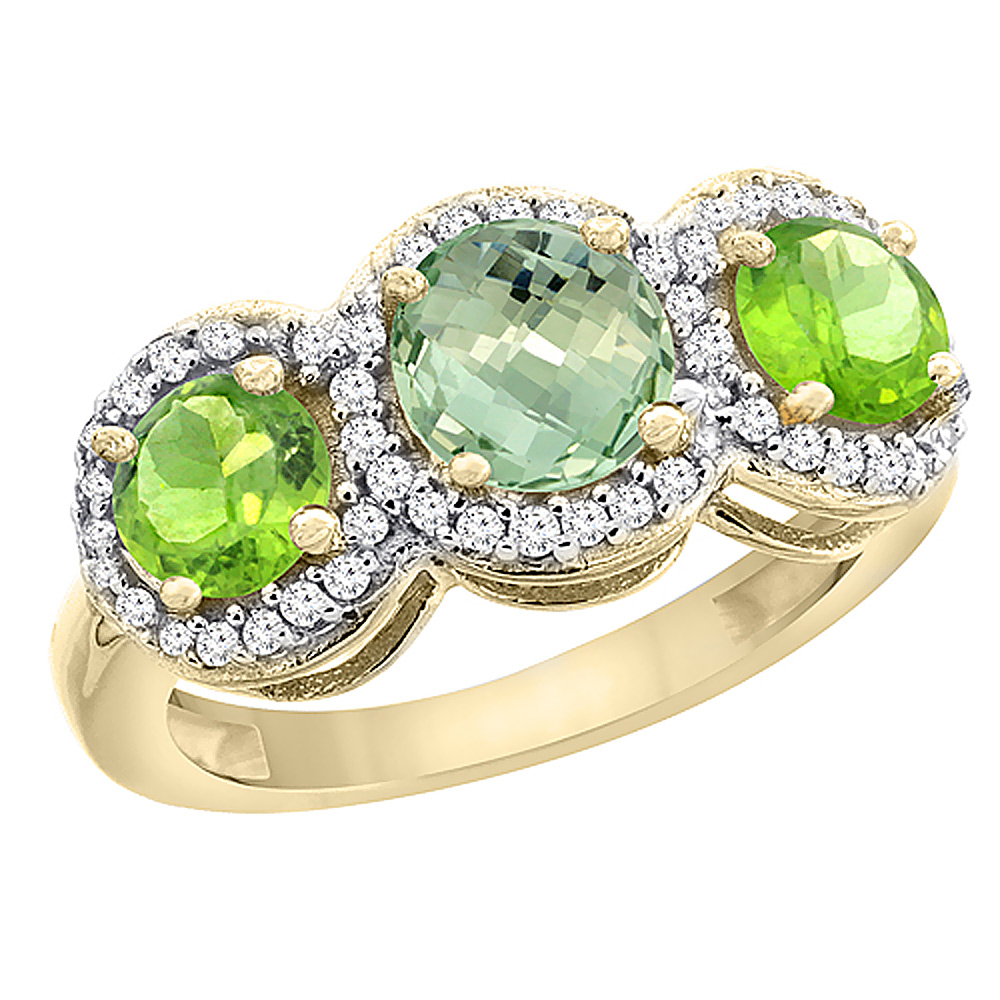 10K Yellow Gold Natural Green Amethyst &amp; Peridot Sides Round 3-stone Ring Diamond Accents, sizes 5 - 10